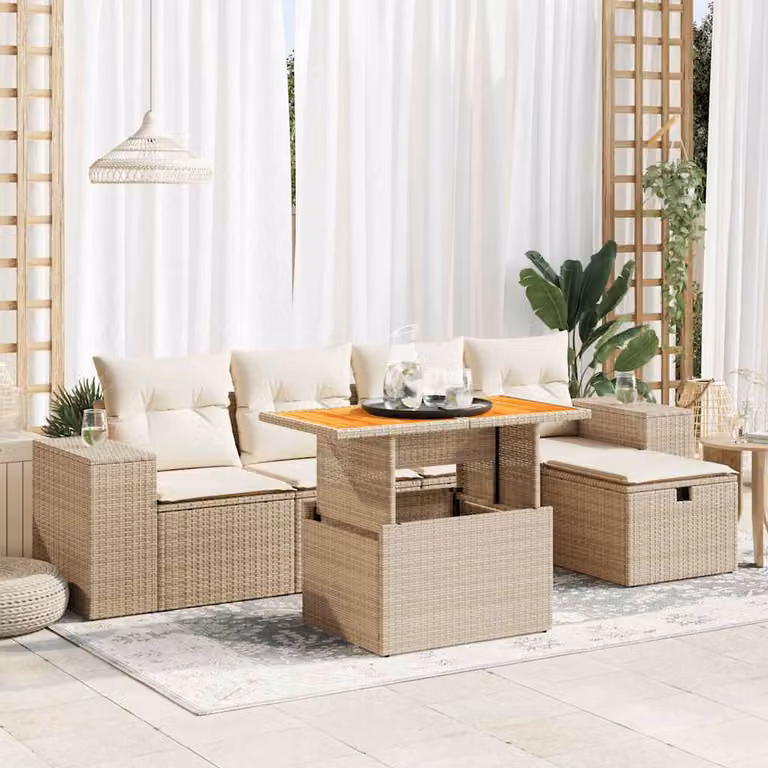 Set Divano da Giardino vidaXL 6 pz in Polyrattan e Legno di Acacia Oliato con Cuscini Beige e Bianchi