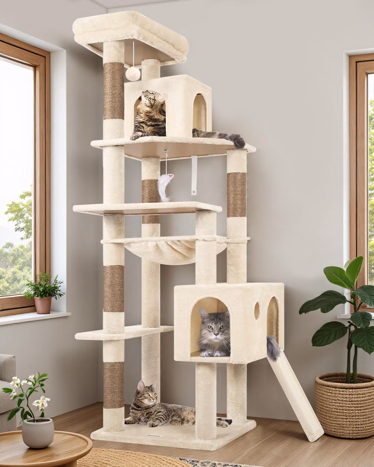 Katzenbaum angolare, altezza 178 cm, con 2 cucce, palo in sisal per graffiare, cesta imbottita, adatto a diverse gatte