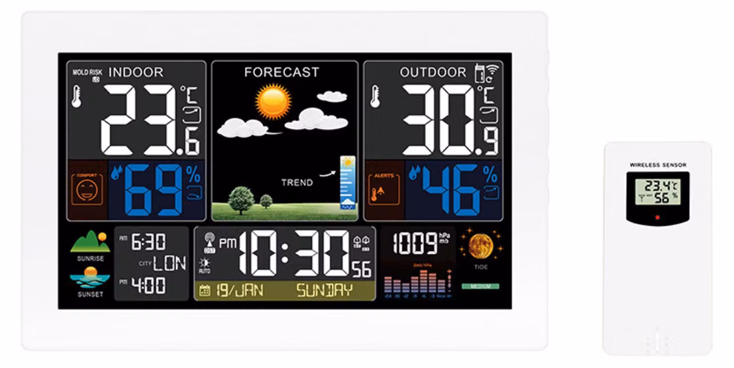 Stazione meteorologica Solight, LCD a colori extra large, temperatura, umidità, pressione atmosferica, RCC, porta di ricarica USB, bianco, TE81W-XL
