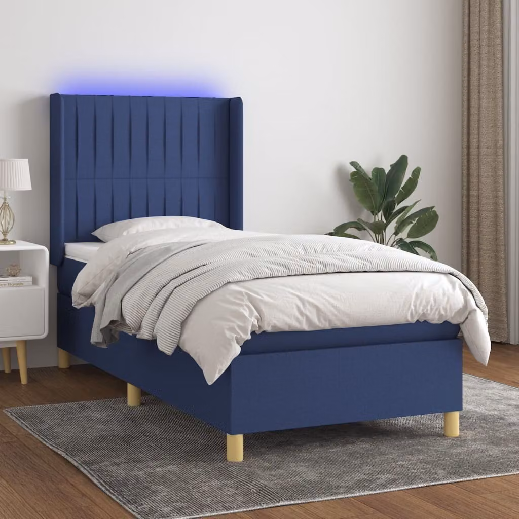 The Living Store Letto a molle con materasso e LED Blu 90x200 cm in tessuto