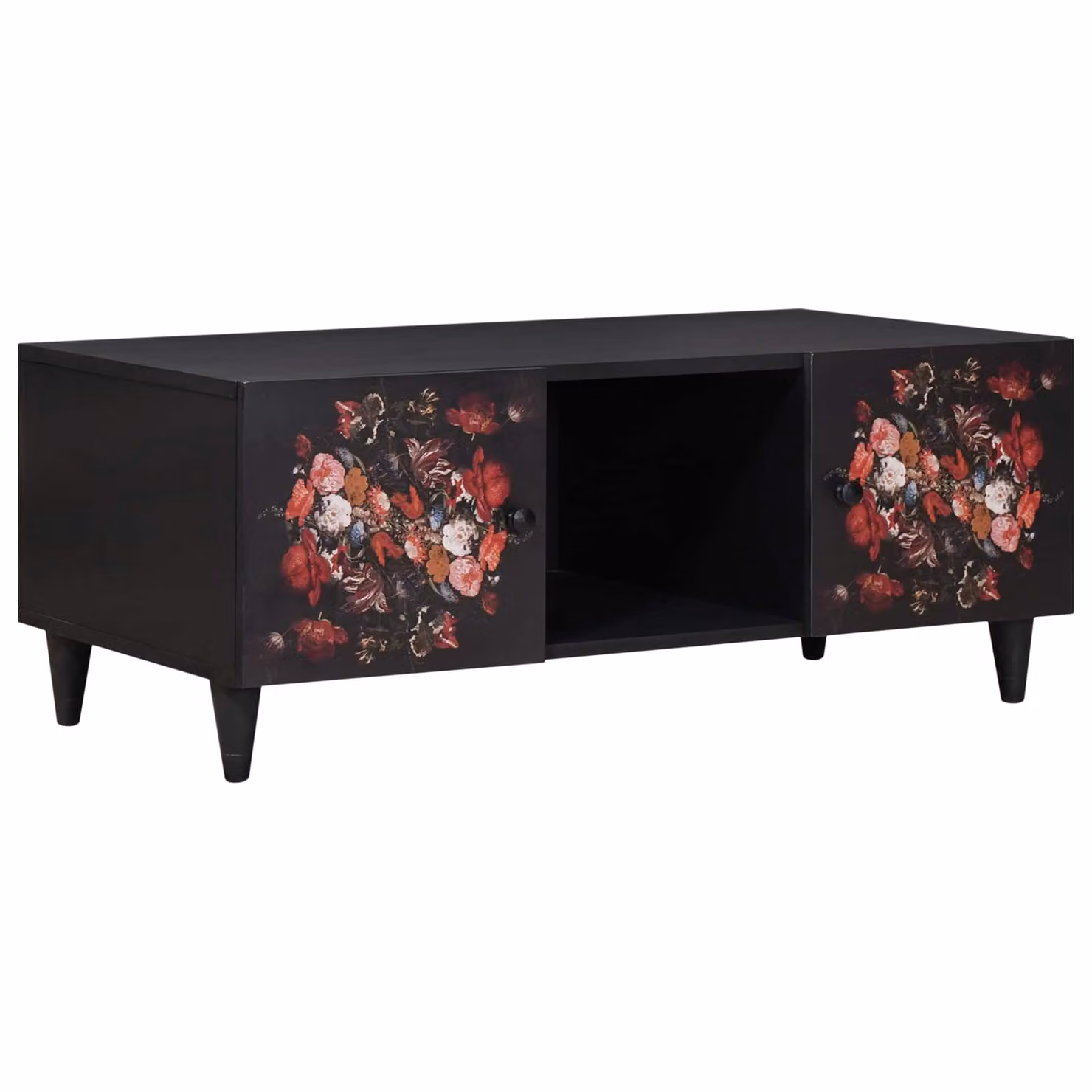 vidaXL Tavolino da salotto moderno in legno di mango con decorazione floreale, Multicolore e Nero, L 100 x P 54 x H 40 cm