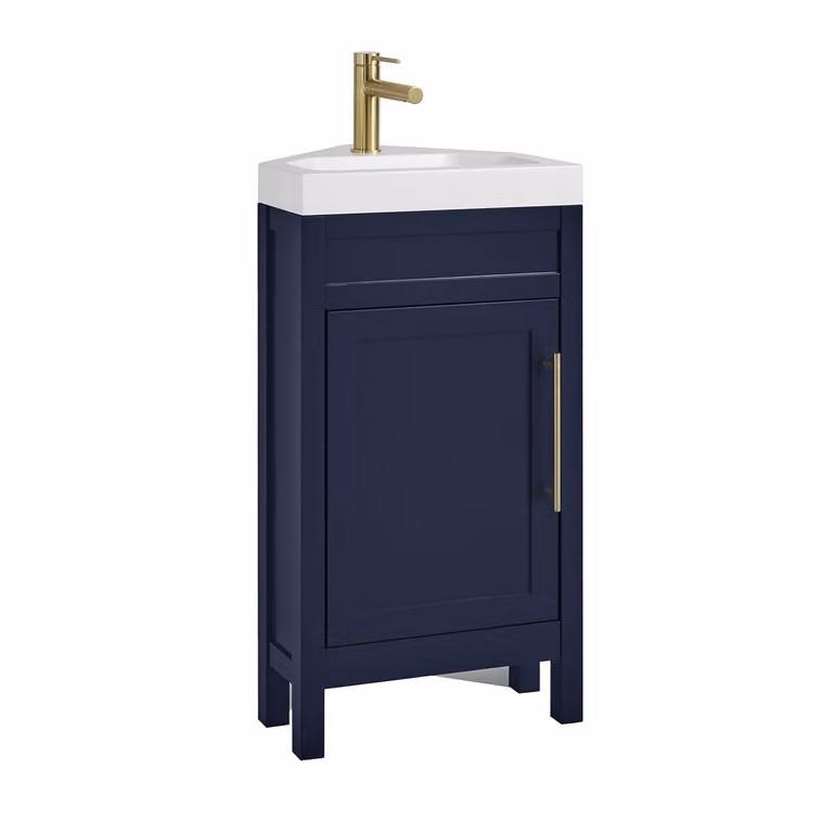 Mobile Bagno Angolare Blu Marino da 450mm con Lavabo e Maniglia Moderna con Barra a T in Oro Satinato - Warwick