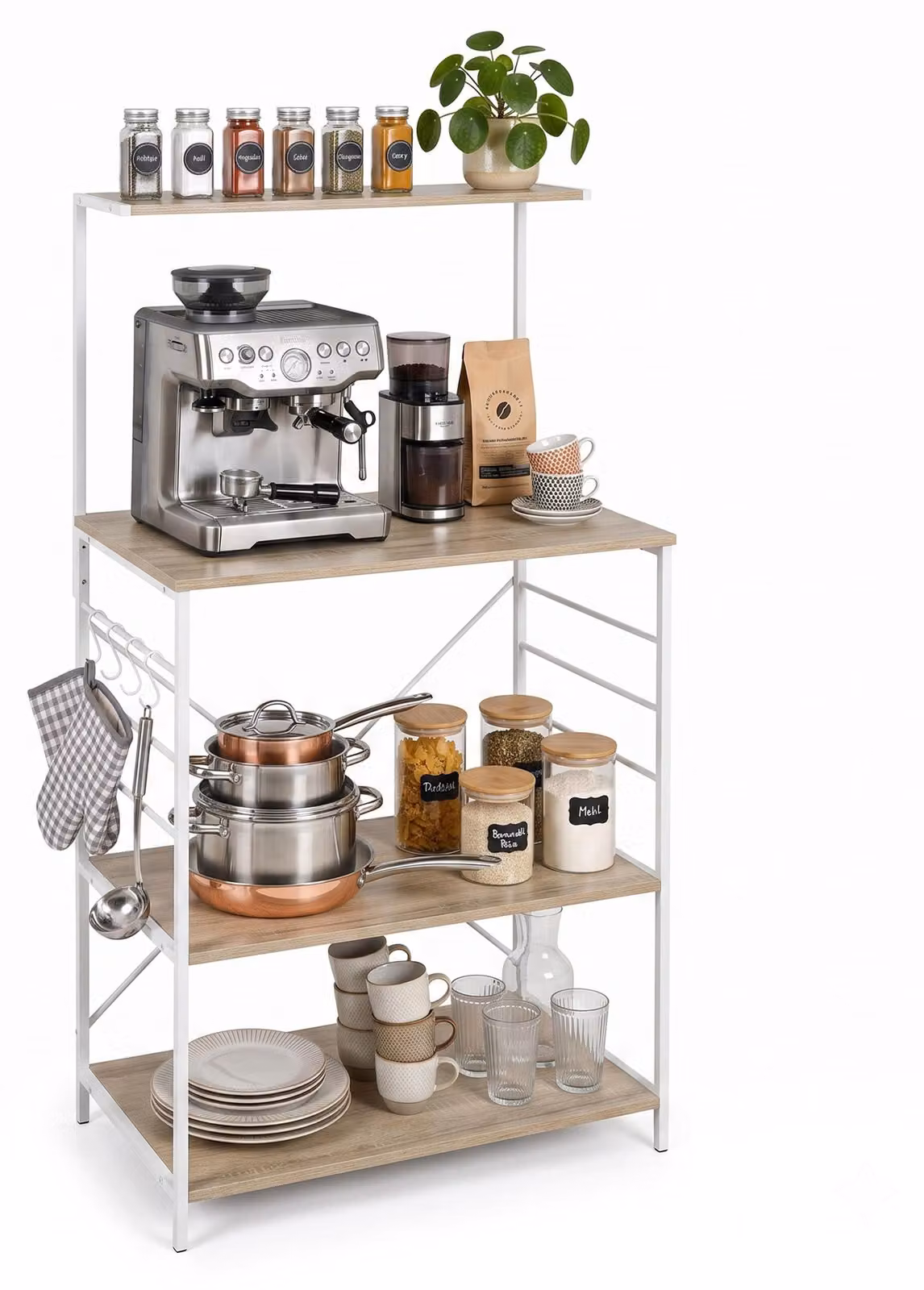 Ripiano portaoggetti per cucina Relaxdays, con 4 ripiani e ganci, dimensioni: 123 x 60 x 40 cm, realizzato in MDF, ferro e legno, aspetto legno, ideale come scaffale per panettiere, colore naturale/bianco
