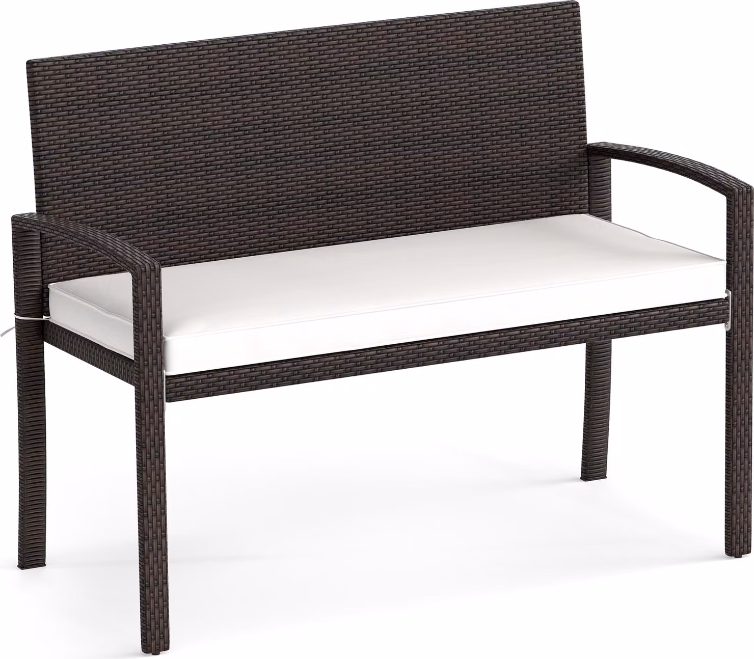 Panca in rattan per esterni, divano da patio per 2 persone con cuscino di seduta rimovibile, struttura in metallo, schienale e braccioli, mobili da salotto, bianco