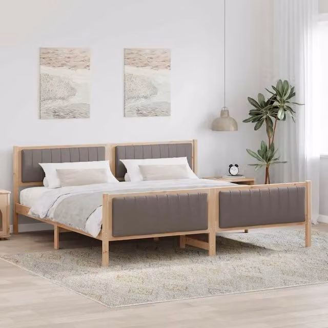 Struttura del letto moderna vidaXL in legno di pino e tessuto, marrone e grigio, L/P/H: 200 x 200 x 85,5 cm
