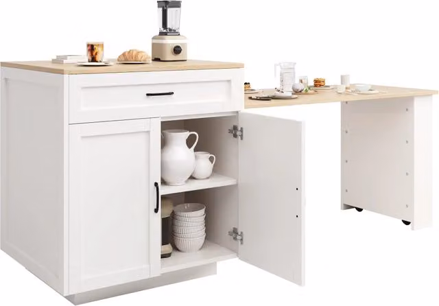 Isola cucina allungabile 133-202 x 70 x 93,5 cm in MDF bianco con cassetto, vani e ruote