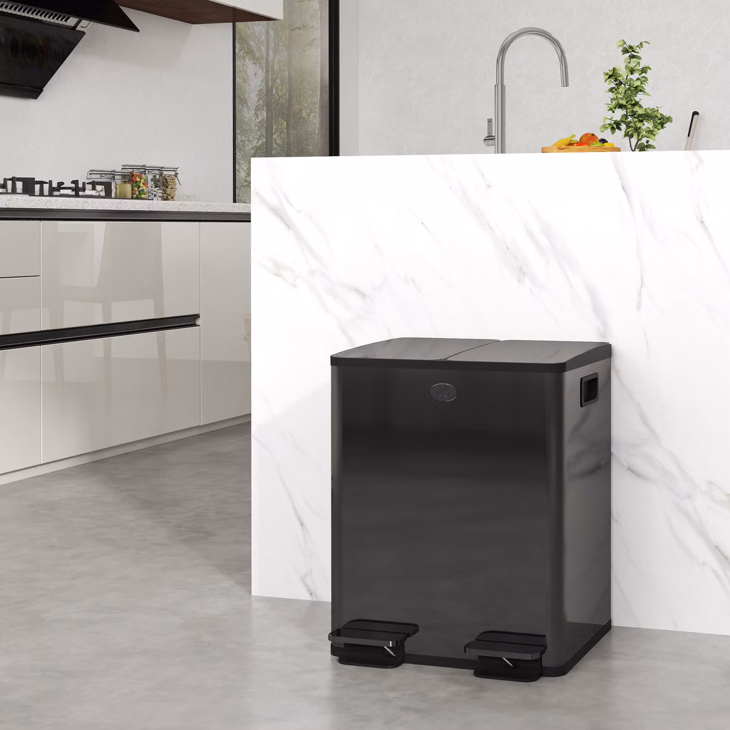 Pattumiera da cucina HOMCOM in acciaio inossidabile con 2 scomparti da 20 L, coperchio soft close e pedale, colore nero, L: 45,8 cm, P: 36 cm, H: 51,6 cm – 2