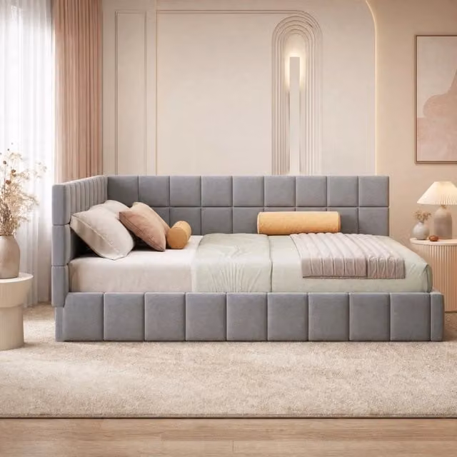 Letto da giorno imbottito trasformabile 160x200 con rete a doghe; grigio