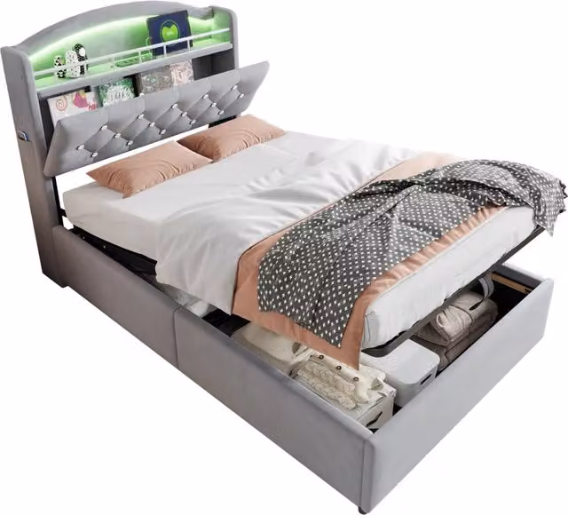 Letto singolo per bambini 90x200 grigio in tessuto con contenitore， LED e USB-C， senza materasso