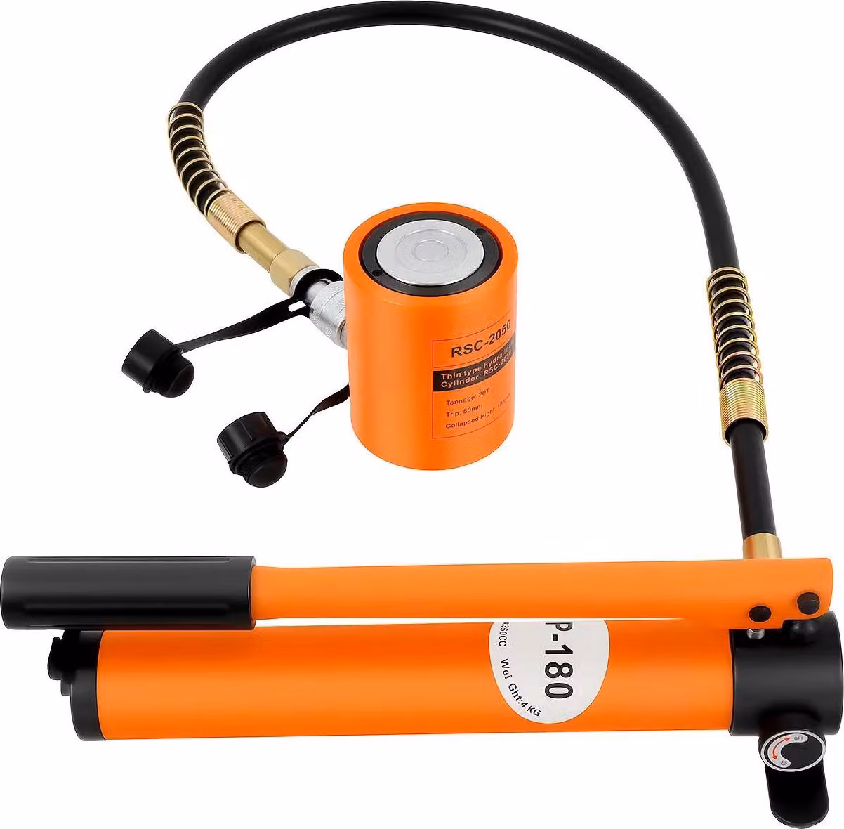 Cilindro idraulico per sollevamento, capacità 20 tonnellate - Mini cilindro di sollevamento - ad azione singola - con pompa manuale - portatile - per l'ingegneria meccanica e la costruzione navale - colore arancione