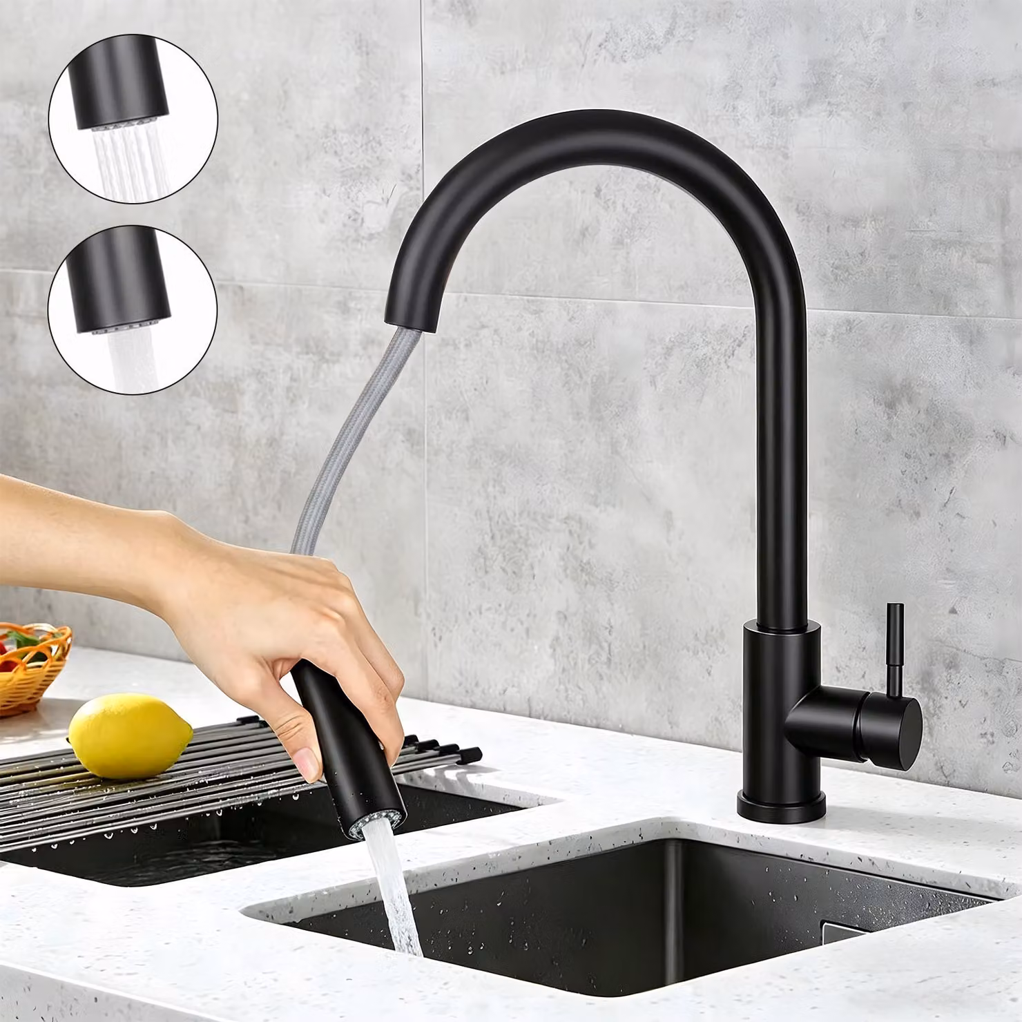 ZMH Rubinetto da cucina nero, estraibile, con doccetta. Rubinetto per lavello, rotazione a 360°, in acciaio inossidabile, con 2 modalità