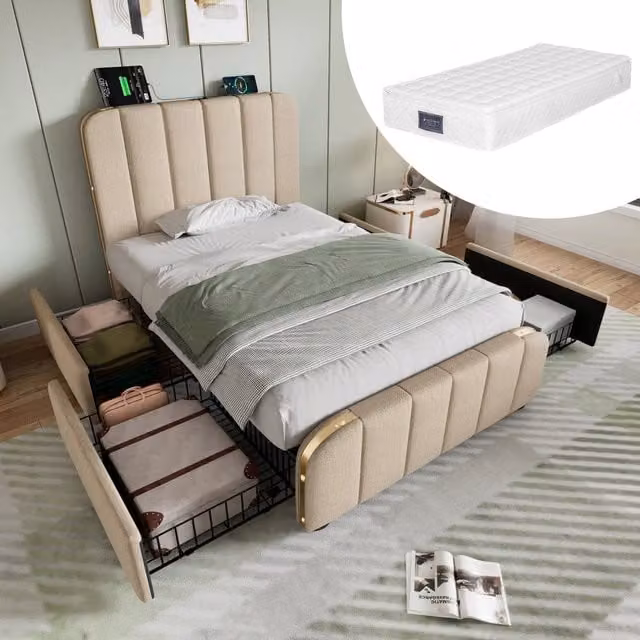 letto imbottito lino beige 90 x 200 cm