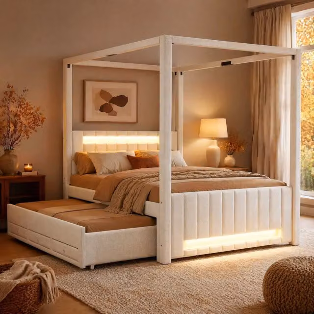 Letto a baldacchino imbottito 140x200 cm con letto estraibile; 3 cassetti e LED beige