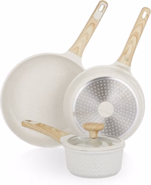 Set di pentole e padelle KASANOVA 4 pezzi con rivestimento antiaderente in ceramica, manici in silicone e coperchio in vetro, colore bianco
