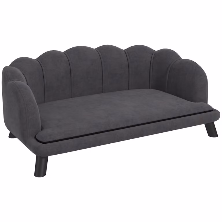 Divano per cani Moonbite con schienale, dimensioni 98,5 x 60,5 cm, forma a conchiglia, imbottitura in schiuma 28D, gambe in legno massello, adatto a cani fino a 25 kg, in poliestere, colore grigio scuro
