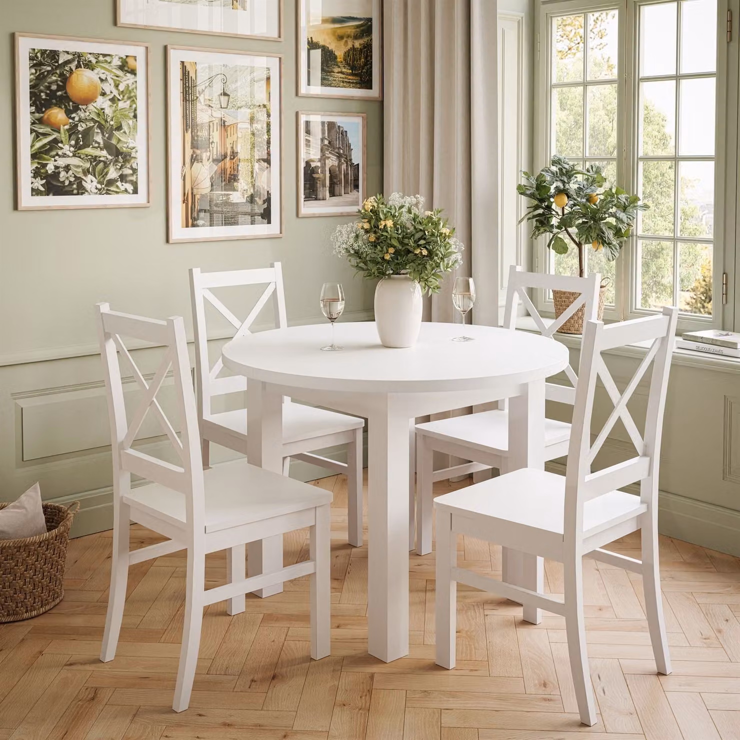 Set da pranzo OLEA: tavolo + 4 sedie bianco/bianco + bianco/bianco 100 cm