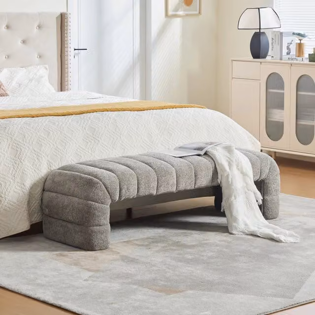 Panca imbottita moderna senza braccioli in ciniglia con trapuntatura a coste, chaise longue e poggiapiedi per soggiorno, camera da letto, ingresso, grigio