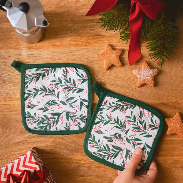 Set di 2 presine per forno Kasanova con motivo agrifoglio in cotone, L/P: 20 x 20 cm, multicolore