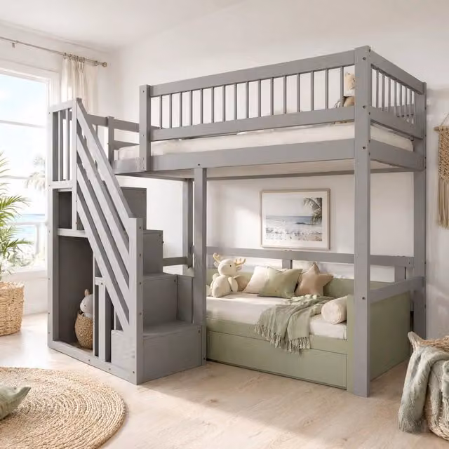 Letto singolo in legno massello 90x200 cm con scala contenitore, finitura grigia, ideale per bambini e ragazzi