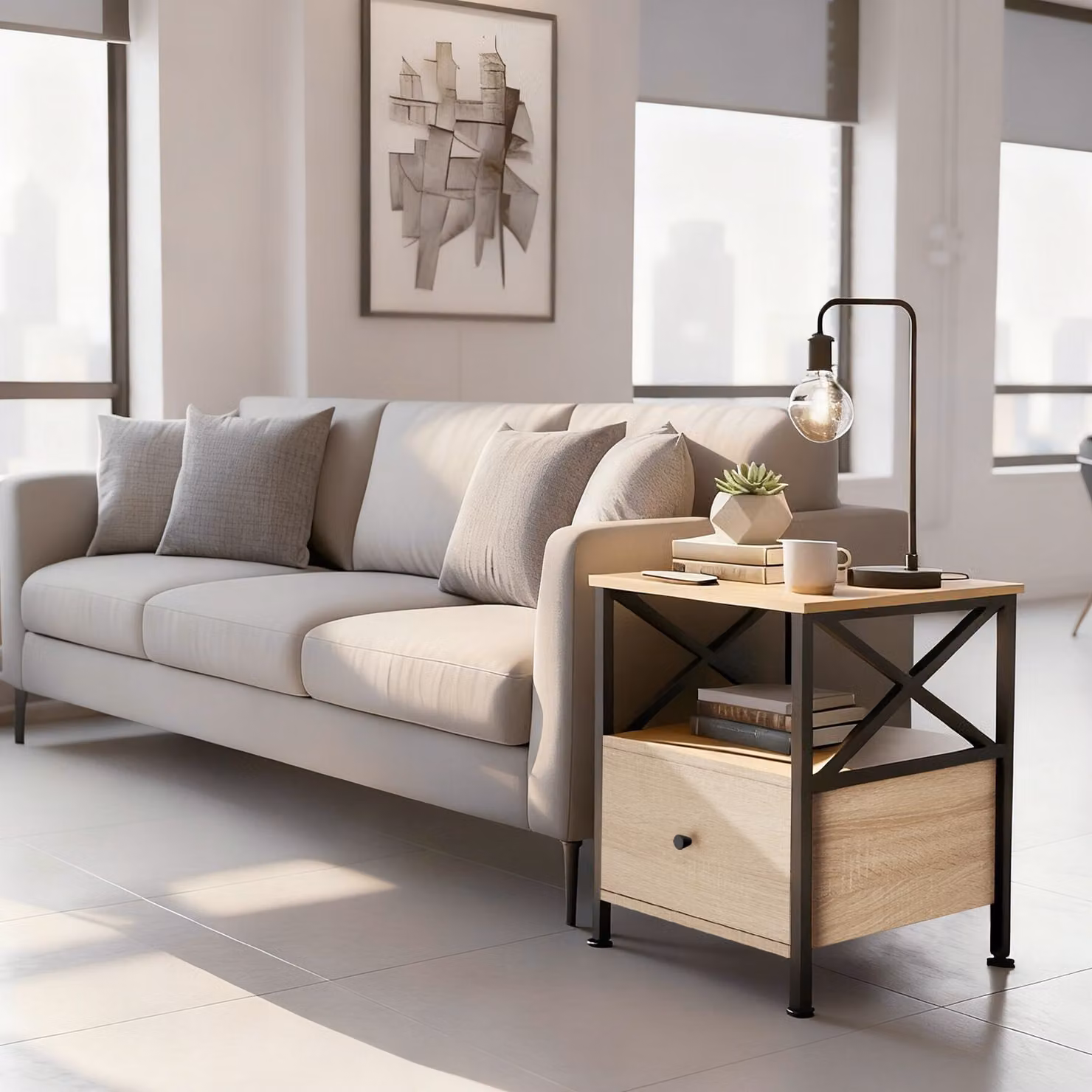 Comodino Falkirk TecTake in stile industriale, rovere Sonoma e beige, L: 40,0 cm, P: 41,5 cm, H: 55,5 cm – 3