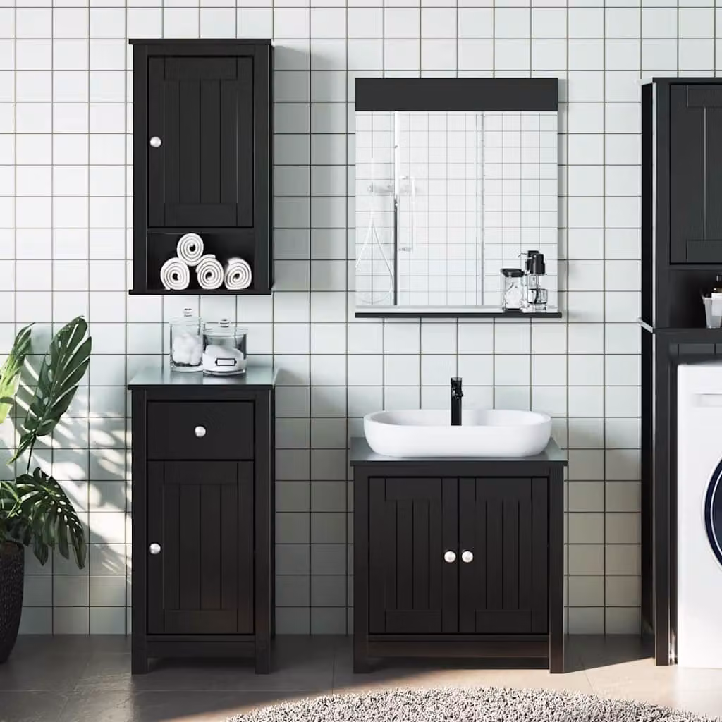 Set di mobili da bagno vidaXL BERG 3 pezzi in legno di pino nero stile rustico con mobile lavabo, mobiletto laterale e specchiera – 1