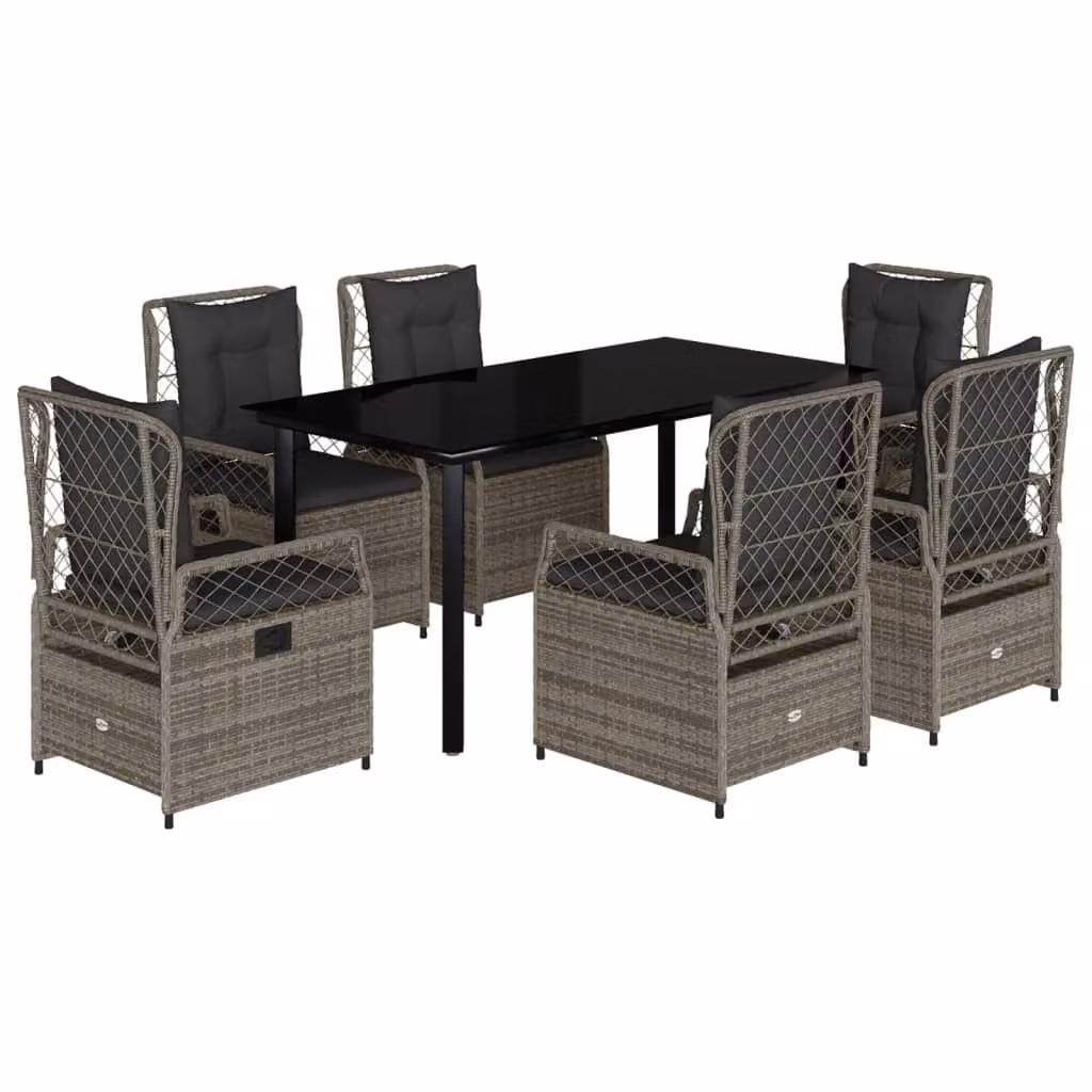 Set da Pranzo da Giardino 7 pz con Cuscini in Polyrattan Grigio