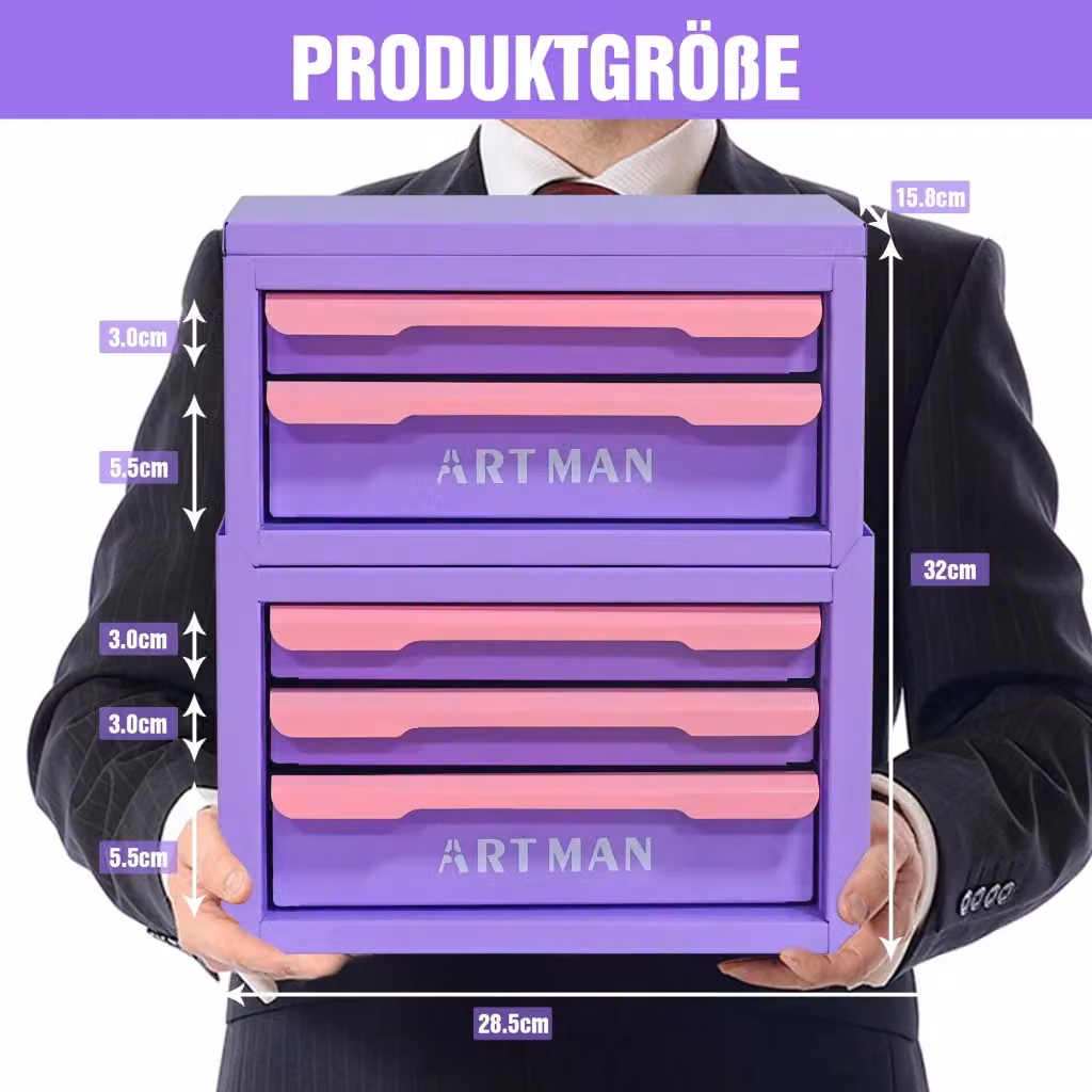 Organizzatore da scrivania multi-compartimento con cassetto in metallo e plastica, disponibile nei colori viola e rosa – 2