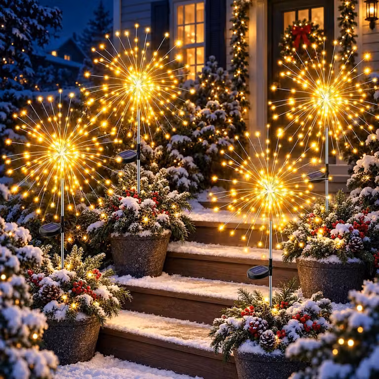 Set di 4 luci solari, 120 LED, luce bianca calda, grado di protezione IP65, 8 modalità