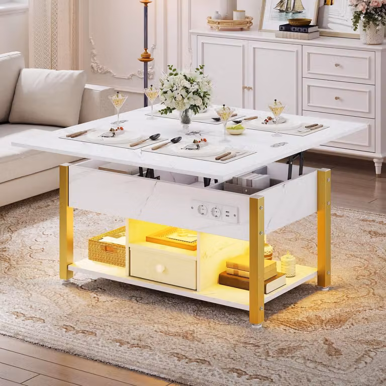 Tavolino da caffè regolabile in altezza, 4-in-1, utilizzabile anche come tavolo da pranzo, con spazio contenitivo, illuminazione LED, finitura in marmo bianco