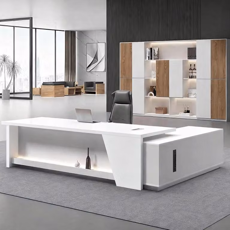 Scrivania a forma di L con spazio contenitivo, dimensioni 150x60x75 cm, colore nero e bianco