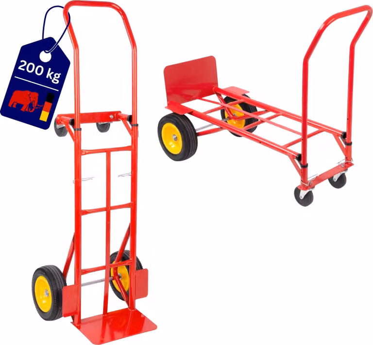 Carrello portasacchi/trasportatore multifunzionale in tubolare d'acciaio con benna standard e pneumatici in gomma piena antiforatura | carico massimo 200 kg | HxLxP 133x55x46 cm | rosso