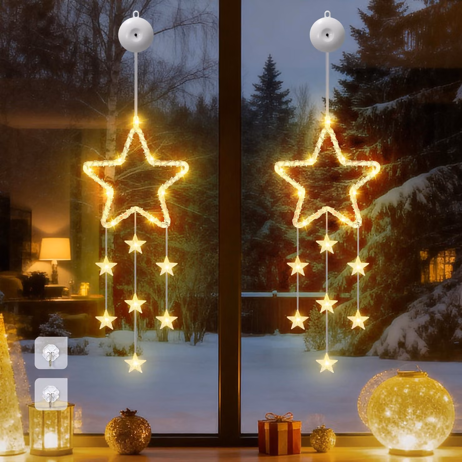 Set di 2 stelle decorative a LED per illuminazione finestre, luce bianco caldo, alimentazione a batteria, con timer