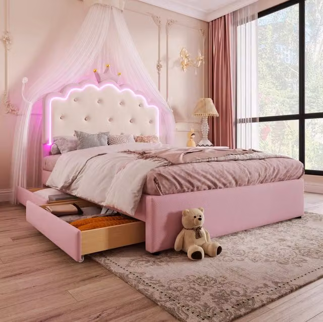 Letto imbottito 140x200 cm rosa con rete a doghe, illuminazione ambiente con telecomando e letto estraibile con 2 cassetti
