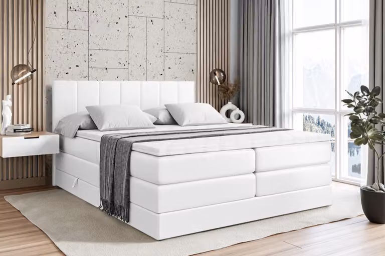 Letto boxspring ALTDECOR con 2 materassi e topper - 140x200 cm - MOETI KING - Pelle finta bianca - Letto imbottito con materassi H3 e H4, contenitore e rete a doghe, letto con spazio contenitivo