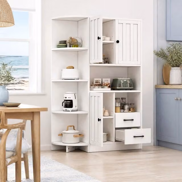 Armadio Angolare Moderno REDOM Bianco con Cassetti e Ripiani L: 104 cm, P: 35 cm, H: 155 cm