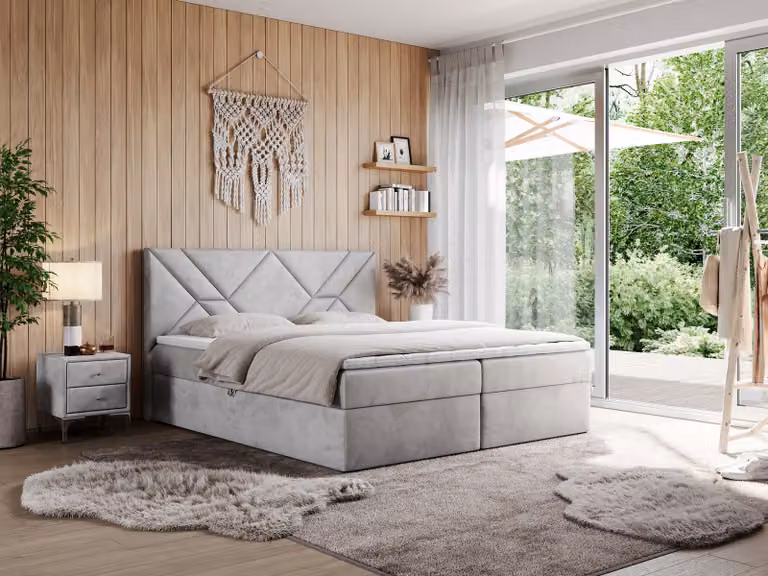 Letto matrimoniale con boxspring MKS MEBLE, 180x200 cm, completo di materasso H4, contenitore e topper. Letto imbottito 180x200 cm con testiera - NEOMI - Grigio chiaro, rivestito in velluto - H4