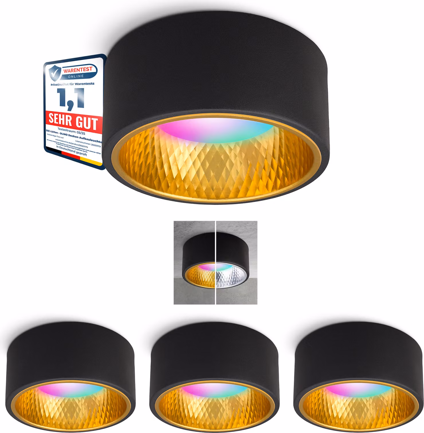 SSC-LUXon OLINO luce da superficie oro nero 4 pezzi compatibile con Alexa, Siri e Google - Faretto piatto incl. Smart LED RGBW GX53