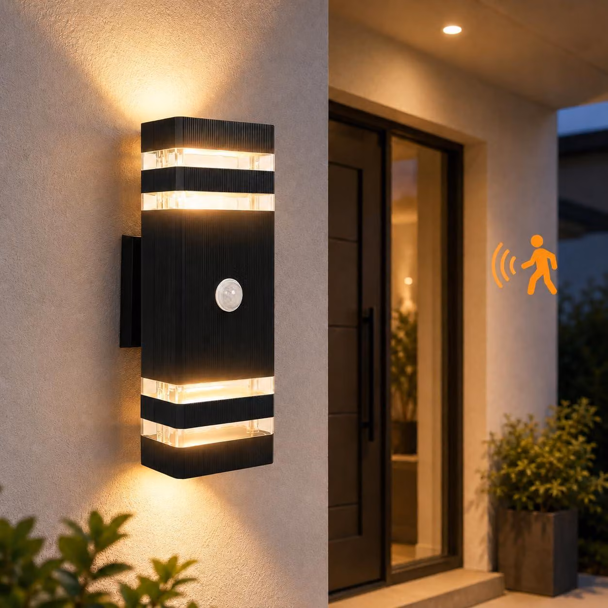 Lampada da parete esterna a LED con sensore di movimento, 2 x 5W, 3000K, luce bianco caldo, grado di protezione IP54