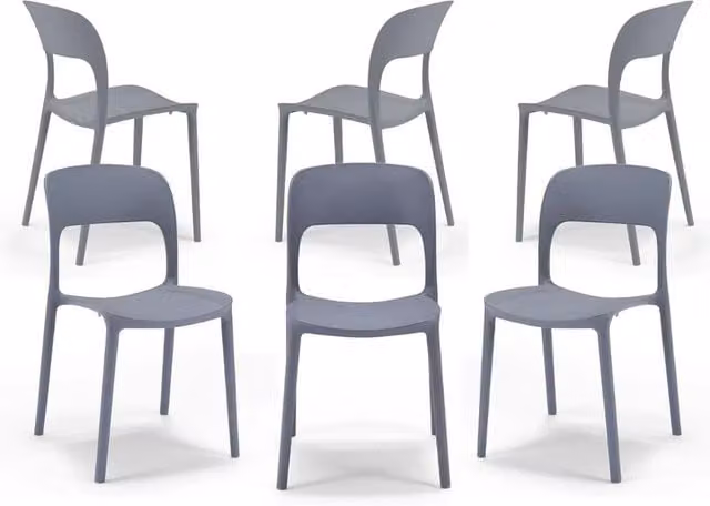 Set 6 sedie in polipropilene KATE, impilabile, resistente ai raggi UV, design moderno, ideale per sala da pranzo, cucina, sala d’attesa, bar, ristoranti o da esterno, colore Grigio Asfalto
