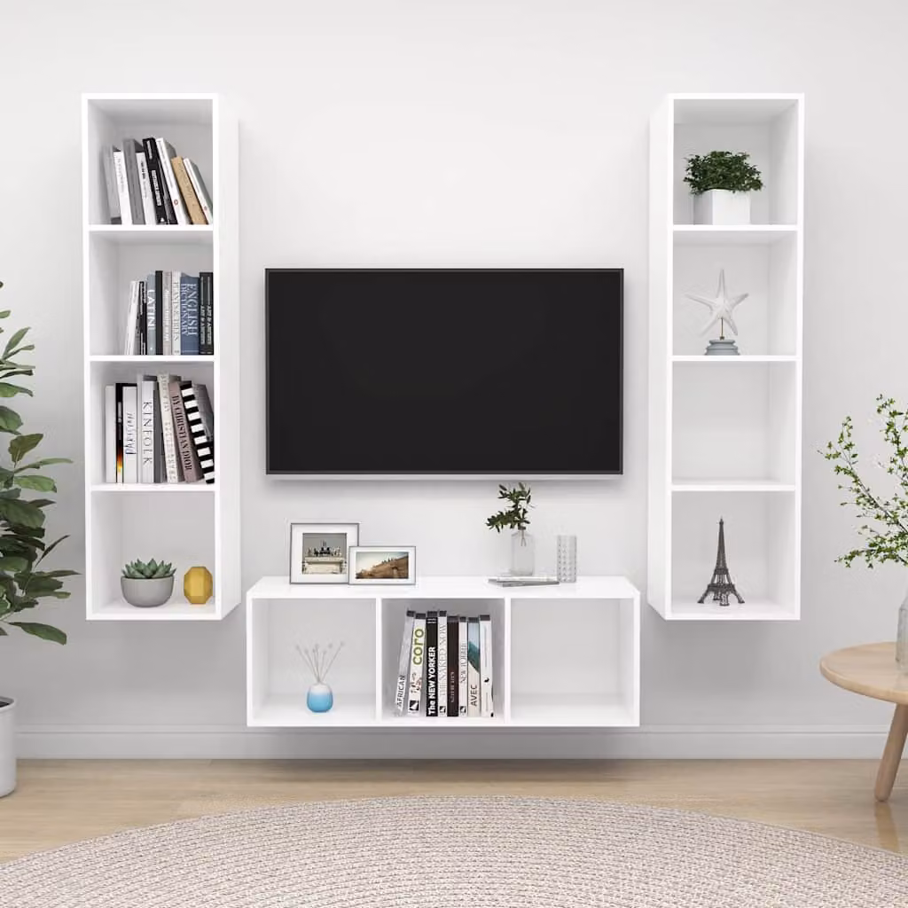 Set di mobili porta TV vidaXL in 3 pezzi bianco in legno e MDF per soggiorno in stile minimalista con montaggio a parete