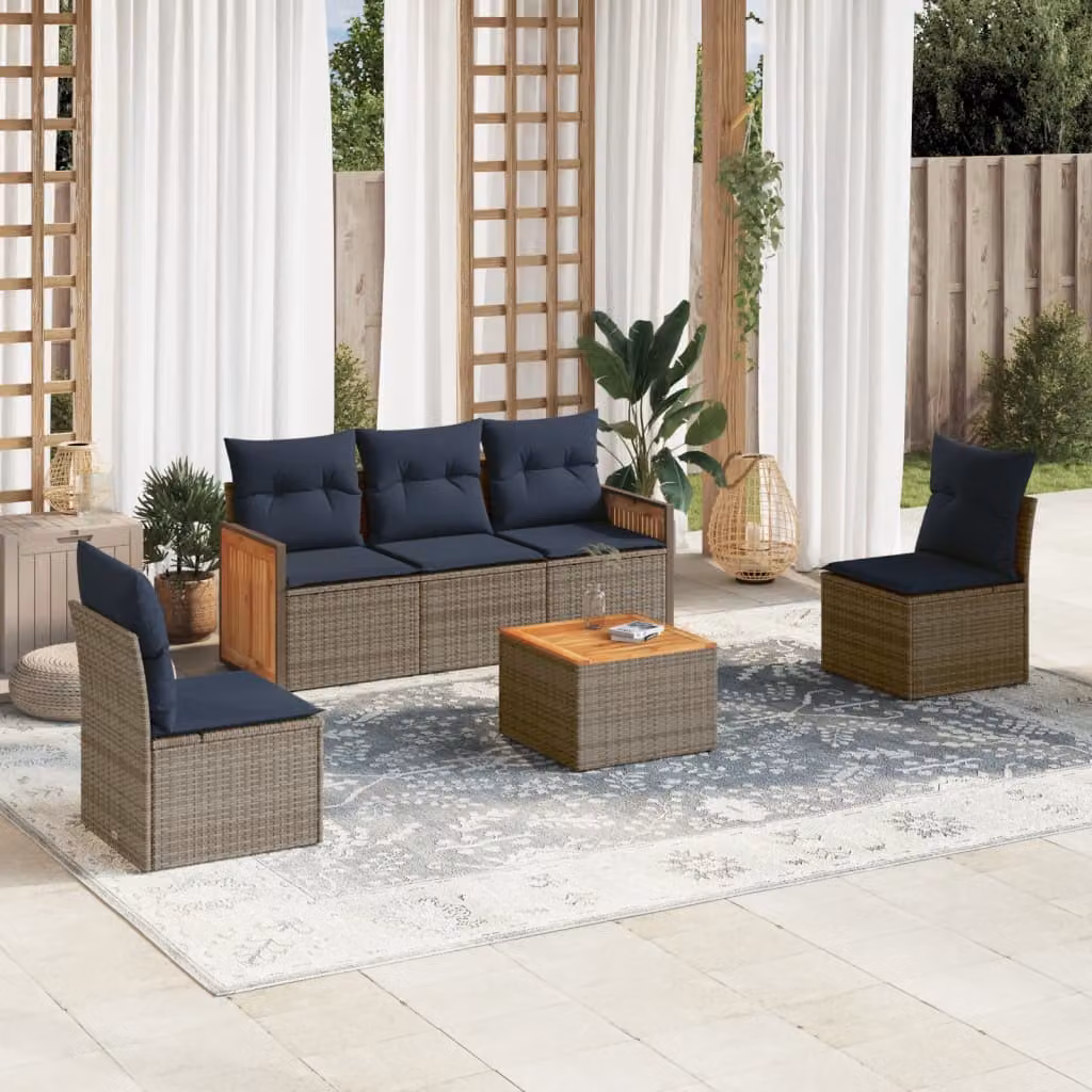 Set da giardino vidaXL in polyrattan composto da 6 pezzi con cuscini grigi e blu e tavolino coordinato