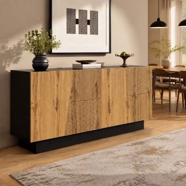 Madia moderna 160 cm con ripiano regolabile; pannello truciolare; nero e color legno