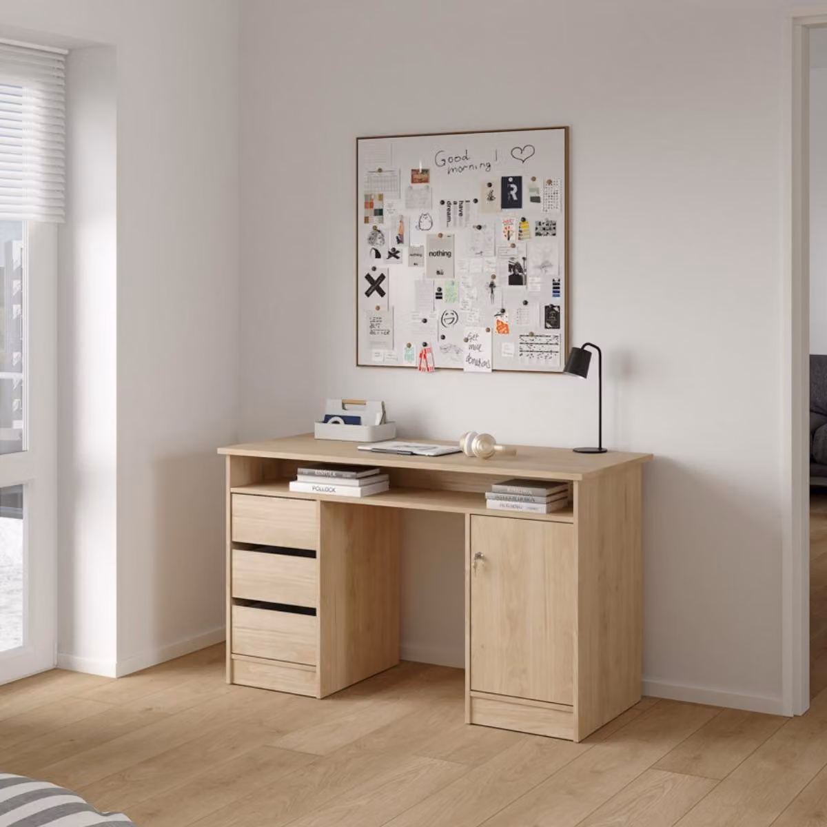 Scrivania Function Plus con 1 anta e 3 cassetti, colore a scelta: Jackson Hickory