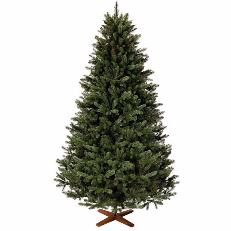 Albero FAIRYTREES Nordman Premium 120 cm, realizzato nell'UE. Albero di Natale artificiale formato da due materiali diversi, con supporto in frassino fatto a mano, tronco marrone.