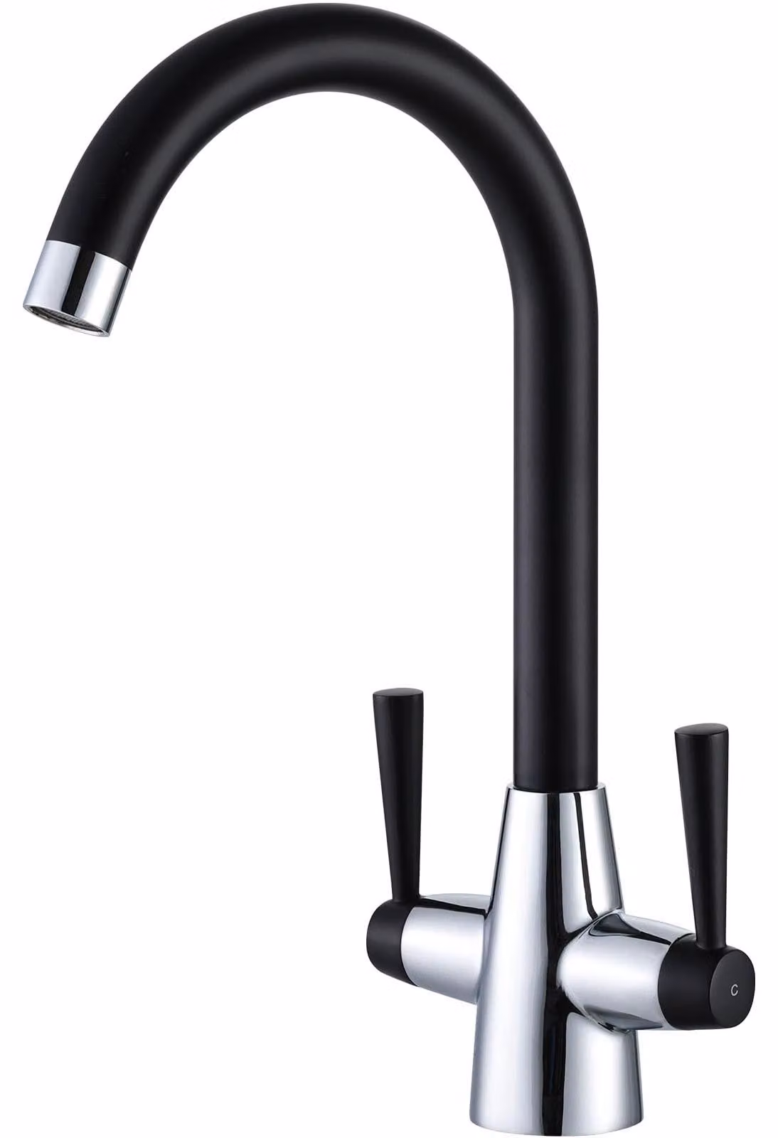 Miscelatore da cucina nero/cromato, girevole a 360°, in ottone, con due manopole