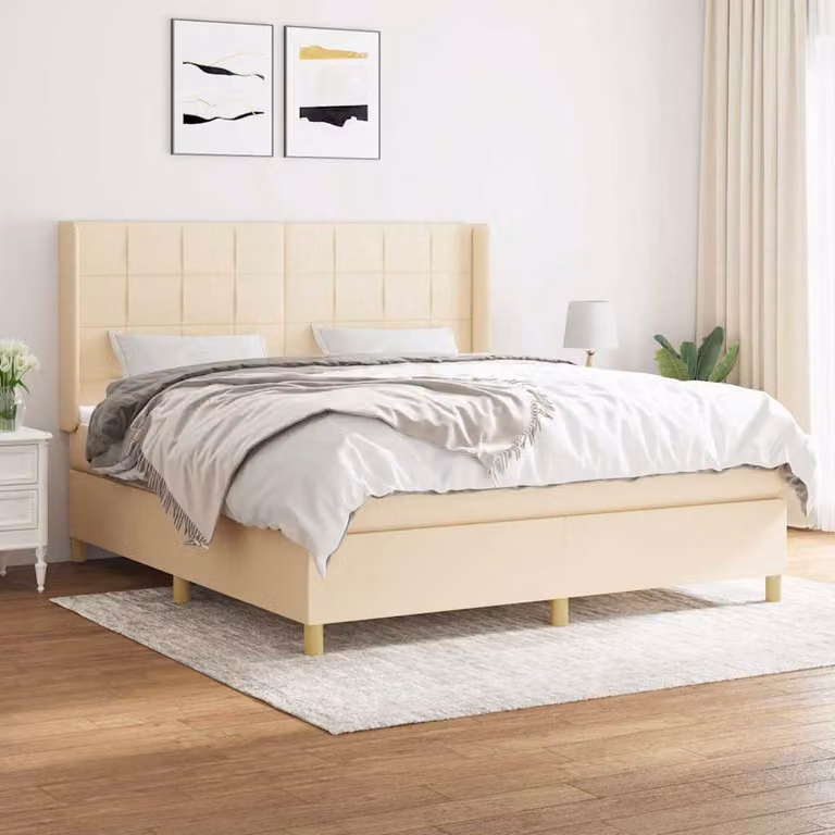 vidaXL Giroletto a Molle con Materasso Ibrido in Tessuto Beige e Bianco L/P/H: 183 x 203 x 128 cm