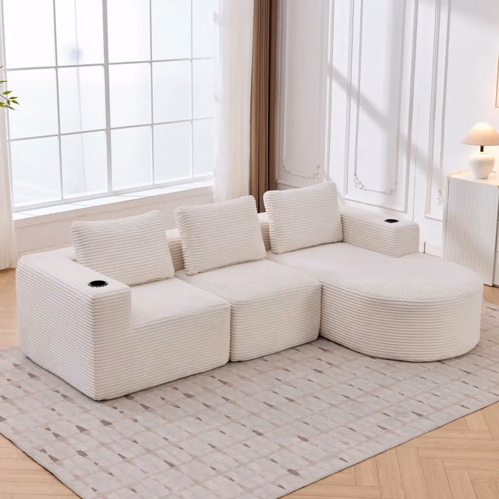 Divano angolare a L Mivray beige con cuscini e portabicchieri per soggiorno o ufficio in casa – 2