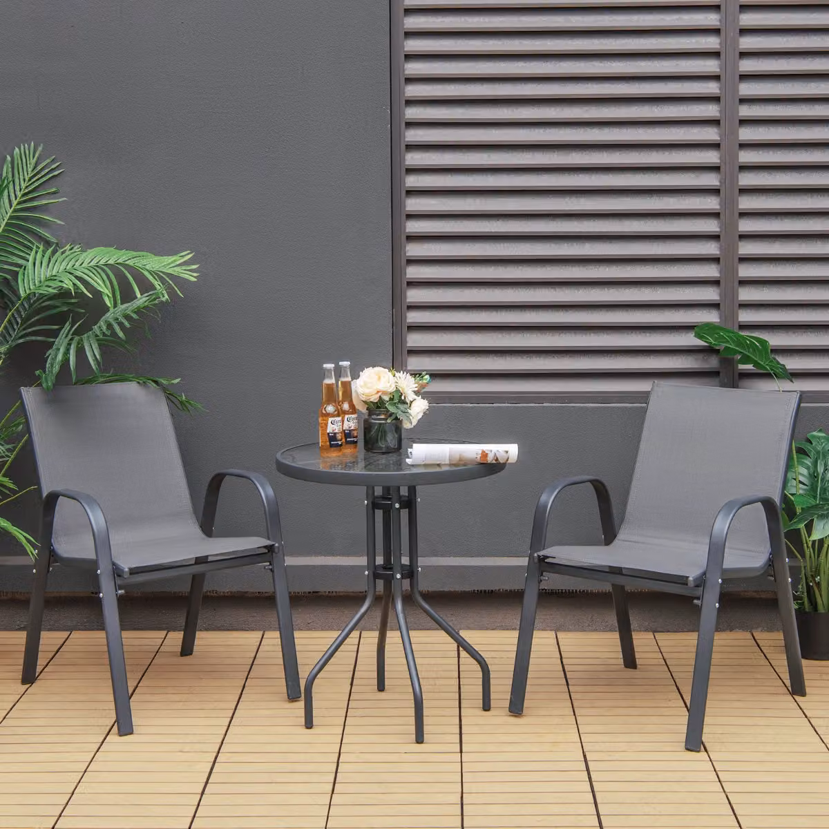 Set da conversazione da giardino Costway composto da 3 pezzi con tavolino e poltrone in tessuto textilene grigio e struttura in acciaio