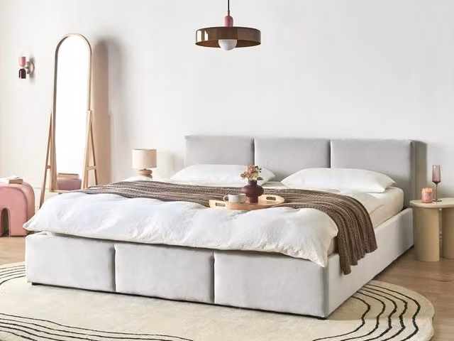 Letto Ottomano Beliani in Velluto Grigio con Contenitore e Testiera Imbottita L/P/H: 180 x 200 x 190 cm