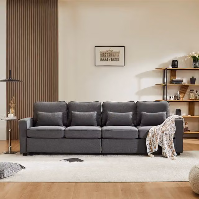 Divano 4 posti 264 x 83 x 87 cm; design moderno essenziale; tasche sui braccioli; 4 cuscini; lino; grigio